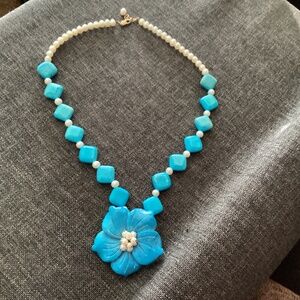 Hand carved turquoise and pearl floral pendant necklace
